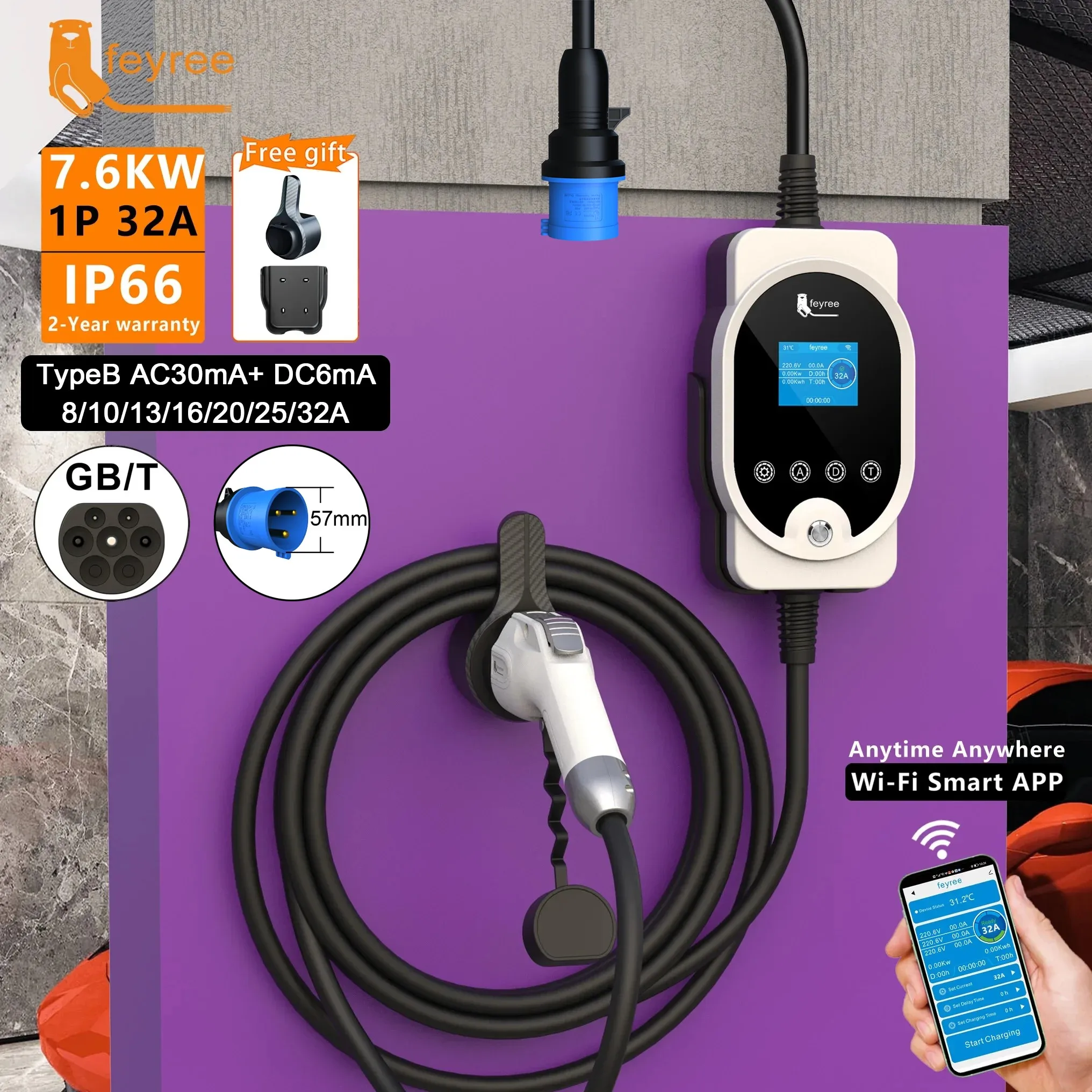 Home Ev Charger - Feyree EV Charger GB/T Socket 7KW